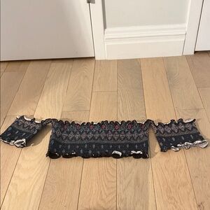 FARM Rio Smocked Off-Shoulder Bikini Top in Navy with Pink Accents